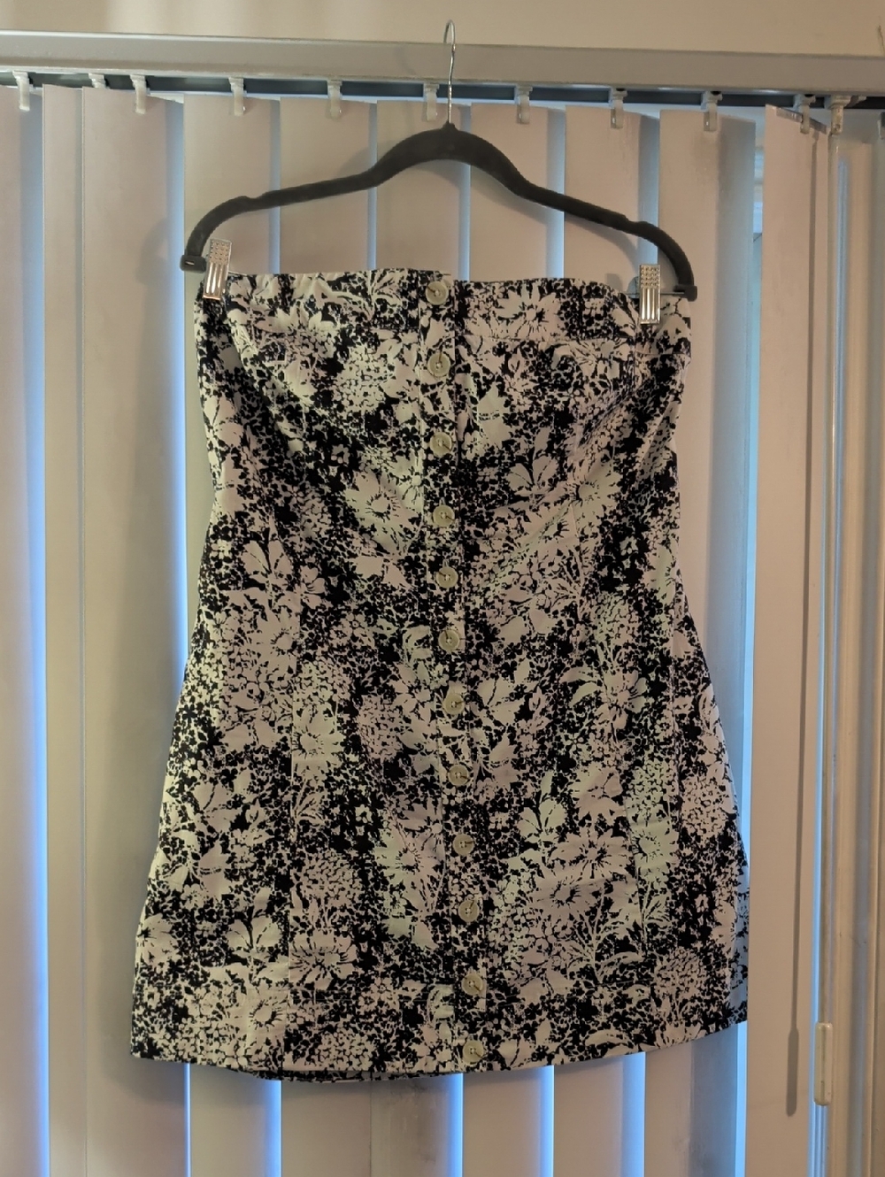 Free People Strapless Navy/Brown & White Floral Button-Front Mini Dress, Large